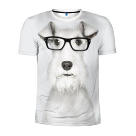 Мужская футболка 3D спортивная с принтом Собака в очках в Белгороде, 100% полиэстер с улучшенными характеристиками | приталенный силуэт, круглая горловина, широкие плечи, сужается к линии бедра | Тематика изображения на принте: белый | домашнее | животное | очки | пес | прикол | собака в очках | умный | ученый | эрдельтерьер