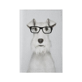 Обложка для паспорта матовая кожа с принтом Собака в очках в Белгороде, натуральная матовая кожа | размер 19,3 х 13,7 см; прозрачные пластиковые крепления | белый | домашнее | животное | очки | пес | прикол | собака в очках | умный | ученый | эрдельтерьер