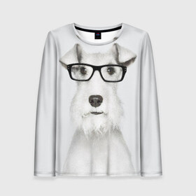 Женский лонгслив 3D с принтом Собака в очках в Белгороде, 100% полиэстер | длинные рукава, круглый вырез горловины, полуприлегающий силуэт | белый | домашнее | животное | очки | пес | прикол | собака в очках | умный | ученый | эрдельтерьер