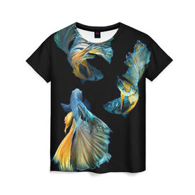 Женская футболка 3D с принтом Бойцовая рыбка в Белгороде, 100% полиэфир ( синтетическое хлопкоподобное полотно) | прямой крой, круглый вырез горловины, длина до линии бедер | аквариумная | бойцовая | красивый | плавники | рыба | рыбка | хвост | япаонская