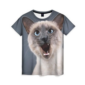 Женская футболка 3D с принтом Злой кот в Белгороде, 100% полиэфир ( синтетическое хлопкоподобное полотно) | прямой крой, круглый вырез горловины, длина до линии бедер | взгляд | домашнее | животное | злой | зубы | клыки | кот | котэ | кошка | оскал | сеамский