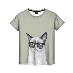 Женская футболка 3D с принтом Кот - хипстер в Белгороде, 100% полиэфир ( синтетическое хлопкоподобное полотно) | прямой крой, круглый вырез горловины, длина до линии бедер | cat | hipster | кот | кошка | хипстер
