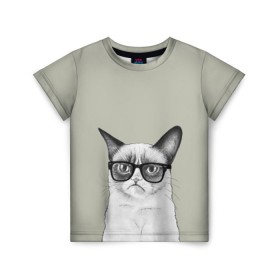 Детская футболка 3D с принтом Кот - хипстер в Белгороде, 100% гипоаллергенный полиэфир | прямой крой, круглый вырез горловины, длина до линии бедер, чуть спущенное плечо, ткань немного тянется | cat | hipster | кот | кошка | хипстер
