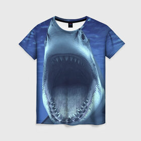 Женская футболка 3D с принтом Белая акула в Белгороде, 100% полиэфир ( синтетическое хлопкоподобное полотно) | прямой крой, круглый вырез горловины, длина до линии бедер | shark | море | синий