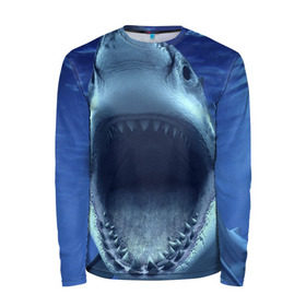 Мужской лонгслив 3D с принтом Белая акула в Белгороде, 100% полиэстер | длинные рукава, круглый вырез горловины, полуприлегающий силуэт | shark | море | синий
