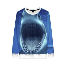 Женский свитшот 3D с принтом Белая акула в Белгороде, 100% полиэстер с мягким внутренним слоем | круглый вырез горловины, мягкая резинка на манжетах и поясе, свободная посадка по фигуре | shark | море | синий