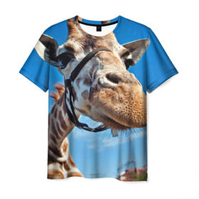Мужская футболка 3D с принтом Прикольный жираф в Белгороде, 100% полиэфир | прямой крой, круглый вырез горловины, длина до линии бедер | африка | животное | жираф | небо | природа