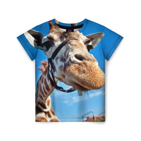 Детская футболка 3D с принтом Прикольный жираф в Белгороде, 100% гипоаллергенный полиэфир | прямой крой, круглый вырез горловины, длина до линии бедер, чуть спущенное плечо, ткань немного тянется | африка | животное | жираф | небо | природа