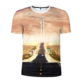 Мужская футболка 3D спортивная с принтом Дорога вперед в Белгороде, 100% полиэстер с улучшенными характеристиками | приталенный силуэт, круглая горловина, широкие плечи, сужается к линии бедра | Тематика изображения на принте: асфальт | дорога | жизнь | пустыня | путь