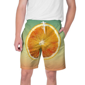Мужские шорты 3D с принтом Апельсиновый рай в Белгороде,  полиэстер 100% | прямой крой, два кармана без застежек по бокам. Мягкая трикотажная резинка на поясе, внутри которой широкие завязки. Длина чуть выше колен | Тематика изображения на принте: апельсин | градиент | жёлтый | зелёный | оранжевый