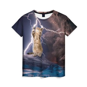 Женская футболка 3D с принтом Кот и молния в Белгороде, 100% полиэфир ( синтетическое хлопкоподобное полотно) | прямой крой, круглый вырез горловины, длина до линии бедер | буря | гроза | кот | котенок | молния | облака