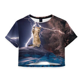 Женская футболка 3D укороченная с принтом Кот и молния в Белгороде, 100% полиэстер | круглая горловина, длина футболки до линии талии, рукава с отворотами | буря | гроза | кот | котенок | молния | облака