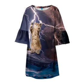 Детское платье 3D с принтом Кот и молния в Белгороде, 100% полиэстер | прямой силуэт, чуть расширенный к низу. Круглая горловина, на рукавах — воланы | Тематика изображения на принте: буря | гроза | кот | котенок | молния | облака