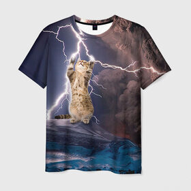 Мужская футболка 3D с принтом Кот и молния в Белгороде, 100% полиэфир | прямой крой, круглый вырез горловины, длина до линии бедер | буря | гроза | кот | котенок | молния | облака