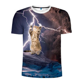 Мужская футболка 3D спортивная с принтом Кот и молния в Белгороде, 100% полиэстер с улучшенными характеристиками | приталенный силуэт, круглая горловина, широкие плечи, сужается к линии бедра | буря | гроза | кот | котенок | молния | облака