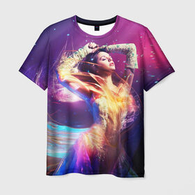 Мужская футболка 3D с принтом Девушка в огнях в Белгороде, 100% полиэфир | прямой крой, круглый вырез горловины, длина до линии бедер | девушка в огнях | звезды | космос | краски | цвет | яркие