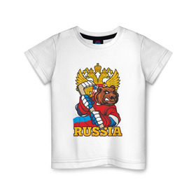 Детская футболка хлопок с принтом Только Русский Хоккей! в Белгороде, 100% хлопок | круглый вырез горловины, полуприлегающий силуэт, длина до линии бедер | медведь | россия | русский | хоккей | чемпион | шайба