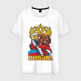 Мужская футболка хлопок с принтом Только Русский Хоккей! в Белгороде, 100% хлопок | прямой крой, круглый вырез горловины, длина до линии бедер, слегка спущенное плечо. | медведь | россия | русский | хоккей | чемпион | шайба