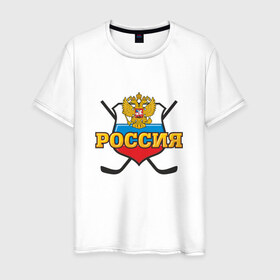 Мужская футболка хлопок с принтом Hockey. Russian team. в Белгороде, 100% хлопок | прямой крой, круглый вырез горловины, длина до линии бедер, слегка спущенное плечо. | Тематика изображения на принте: медведь | россия | русский | хоккей | чемпион | шайба