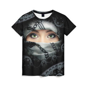 Женская футболка 3D с принтом Восточная девушка в Белгороде, 100% полиэфир ( синтетическое хлопкоподобное полотно) | прямой крой, круглый вырез горловины, длина до линии бедер | взгляд | восточная девушка | глаза | красивая | никаб | орнамент | узоры | хиджаб