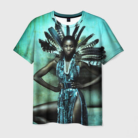 Мужская футболка 3D с принтом Африканская девушка в Белгороде, 100% полиэфир | прямой крой, круглый вырез горловины, длина до линии бедер | африка | африканская девушка | в перьях | модель | перья