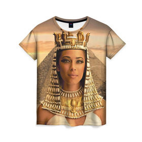 Женская футболка 3D с принтом Клеопатра в Белгороде, 100% полиэфир ( синтетическое хлопкоподобное полотно) | прямой крой, круглый вырез горловины, длина до линии бедер | египет | египетская | закат | золото | клеопатра | корона | песок | пирамиды | пустыня | солнце | царица