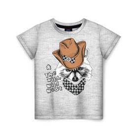 Детская футболка 3D с принтом Енот ковбой в Белгороде, 100% гипоаллергенный полиэфир | прямой крой, круглый вырез горловины, длина до линии бедер, чуть спущенное плечо, ткань немного тянется | Тематика изображения на принте: енот
