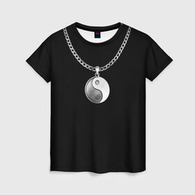 Женская футболка 3D с принтом Инь янь в Белгороде, 100% полиэфир ( синтетическое хлопкоподобное полотно) | прямой крой, круглый вырез горловины, длина до линии бедер | инь ян | медальон | цепь