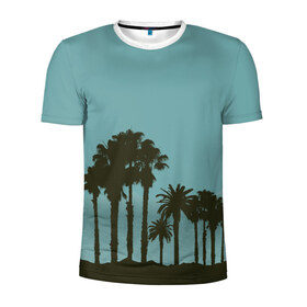 Мужская футболка 3D спортивная с принтом Пальмы в Белгороде, 100% полиэстер с улучшенными характеристиками | приталенный силуэт, круглая горловина, широкие плечи, сужается к линии бедра | деревья | пальмы | пляж | трафарет