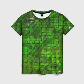 Женская футболка 3D с принтом Зелёные кубики в Белгороде, 100% полиэфир ( синтетическое хлопкоподобное полотно) | прямой крой, круглый вырез горловины, длина до линии бедер | дизайн | искусство | кубики | мозаика | поверхность | рельеф | стена | стиль | текстура | фон