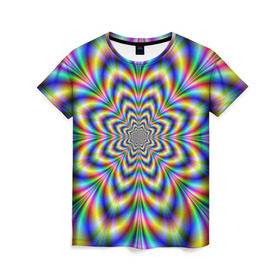 Женская футболка 3D с принтом Красочная иллюзия в Белгороде, 100% полиэфир ( синтетическое хлопкоподобное полотно) | прямой крой, круглый вырез горловины, длина до линии бедер | гипноз | движение | красочный фон | обман зрения | оптическая иллюзия | погружение | текстура | фокус