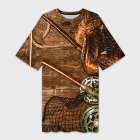 Платье-футболка 3D с принтом Рыбацкий стол в Белгороде,  |  | грузило | карась | лодка | окунь | природа | река | рыбак | рыболов | снасти | туризм | щука