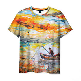 Мужская футболка 3D с принтом Рыбак на лодке в Белгороде, 100% полиэфир | прямой крой, круглый вырез горловины, длина до линии бедер | грузило | карась | лодка | окунь | природа | река | рыбак | рыболов | снасти | туризм | щука