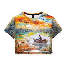 Женская футболка 3D укороченная с принтом Рыбак на лодке в Белгороде, 100% полиэстер | круглая горловина, длина футболки до линии талии, рукава с отворотами | грузило | карась | лодка | окунь | природа | река | рыбак | рыболов | снасти | туризм | щука
