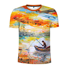 Мужская футболка 3D спортивная с принтом Рыбак на лодке в Белгороде, 100% полиэстер с улучшенными характеристиками | приталенный силуэт, круглая горловина, широкие плечи, сужается к линии бедра | грузило | карась | лодка | окунь | природа | река | рыбак | рыболов | снасти | туризм | щука