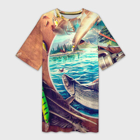 Платье-футболка 3D с принтом Рыбацкое в Белгороде,  |  | грузило | карась | лодка | окунь | природа | река | рыбак | рыболов | снасти | туризм | щука