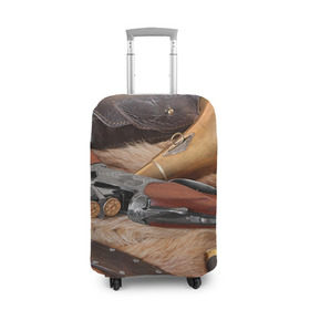 Чехол для чемодана 3D с принтом Охотничье в Белгороде, 86% полиэфир, 14% спандекс | двустороннее нанесение принта, прорези для ручек и колес | капкан | оружие | охотник | охотники на привале | природа | рассвет | рога | ружье | трофей | туризм | чучело