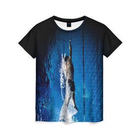 Женская футболка 3D с принтом Пловец в Белгороде, 100% полиэфир ( синтетическое хлопкоподобное полотно) | прямой крой, круглый вырез горловины, длина до линии бедер | аква | бассейн | ныряльщик | соревнования | спорт