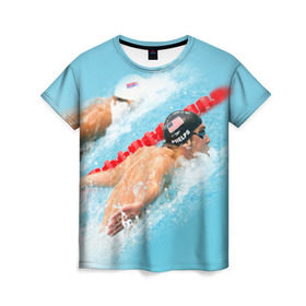 Женская футболка 3D с принтом Michael Phelps в Белгороде, 100% полиэфир ( синтетическое хлопкоподобное полотно) | прямой крой, круглый вырез горловины, длина до линии бедер | фелпс