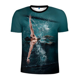 Мужская футболка 3D спортивная с принтом Пловец в Белгороде, 100% полиэстер с улучшенными характеристиками | приталенный силуэт, круглая горловина, широкие плечи, сужается к линии бедра | 