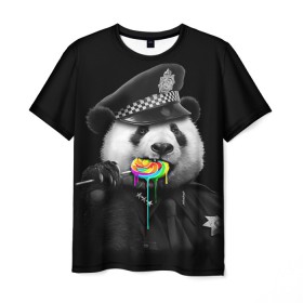 Мужская футболка 3D с принтом Панда и карамель в Белгороде, 100% полиэфир | прямой крой, круглый вырез горловины, длина до линии бедер | Тематика изображения на принте: панда | черно белый