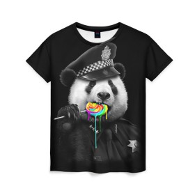 Женская футболка 3D с принтом Панда и карамель в Белгороде, 100% полиэфир ( синтетическое хлопкоподобное полотно) | прямой крой, круглый вырез горловины, длина до линии бедер | панда | черно белый