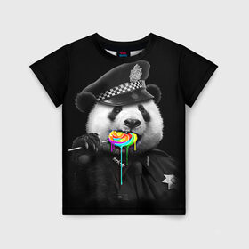 Детская футболка 3D с принтом Панда и карамель в Белгороде, 100% гипоаллергенный полиэфир | прямой крой, круглый вырез горловины, длина до линии бедер, чуть спущенное плечо, ткань немного тянется | Тематика изображения на принте: панда | черно белый