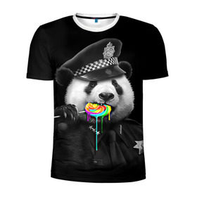 Мужская футболка 3D спортивная с принтом Панда и карамель в Белгороде, 100% полиэстер с улучшенными характеристиками | приталенный силуэт, круглая горловина, широкие плечи, сужается к линии бедра | панда | черно белый