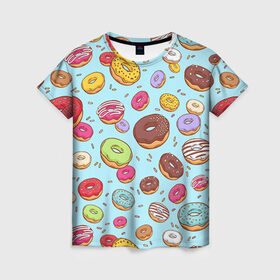 Женская футболка 3D с принтом Пончики Пончики в Белгороде, 100% полиэфир ( синтетическое хлопкоподобное полотно) | прямой крой, круглый вырез горловины, длина до линии бедер | Тематика изображения на принте: пончик