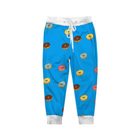 Детские брюки 3D с принтом Пончики в Белгороде, 100% полиэстер | манжеты по низу, эластичный пояс регулируется шнурком, по бокам два кармана без застежек, внутренняя часть кармана из мелкой сетки | donut | гомер | еда | пончики | симпсон | фаст