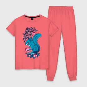 Женская пижама хлопок с принтом Zombie Squirrel в Белгороде, 100% хлопок | брюки и футболка прямого кроя, без карманов, на брюках мягкая резинка на поясе и по низу штанин | squirrel | zombie | белка | зомби