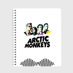 Тетрадь с принтом Arctic Monkeys 2 в Белгороде, 100% бумага | 48 листов, плотность листов — 60 г/м2, плотность картонной обложки — 250 г/м2. Листы скреплены сбоку удобной пружинной спиралью. Уголки страниц и обложки скругленные. Цвет линий — светло-серый
 | am | arctic | arctic monkeys | monkeys | rock | алекс тёрнер | амы | арктические мартышки | джейми кук | мартышки | мэтт хелдерс. ам | ник омэлли | ник о’мэлли | рок