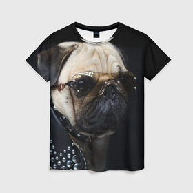 Женская футболка 3D с принтом Бульдог в очках в Белгороде, 100% полиэфир ( синтетическое хлопкоподобное полотно) | прямой крой, круглый вырез горловины, длина до линии бедер | бульдог в очках | домашнее | животное | клепки | кожа | металлист | очки | пес | прикол | рокер | собака | умный | ученый | французский