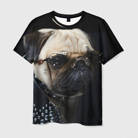 Мужская футболка 3D с принтом Бульдог в очках в Белгороде, 100% полиэфир | прямой крой, круглый вырез горловины, длина до линии бедер | бульдог в очках | домашнее | животное | клепки | кожа | металлист | очки | пес | прикол | рокер | собака | умный | ученый | французский